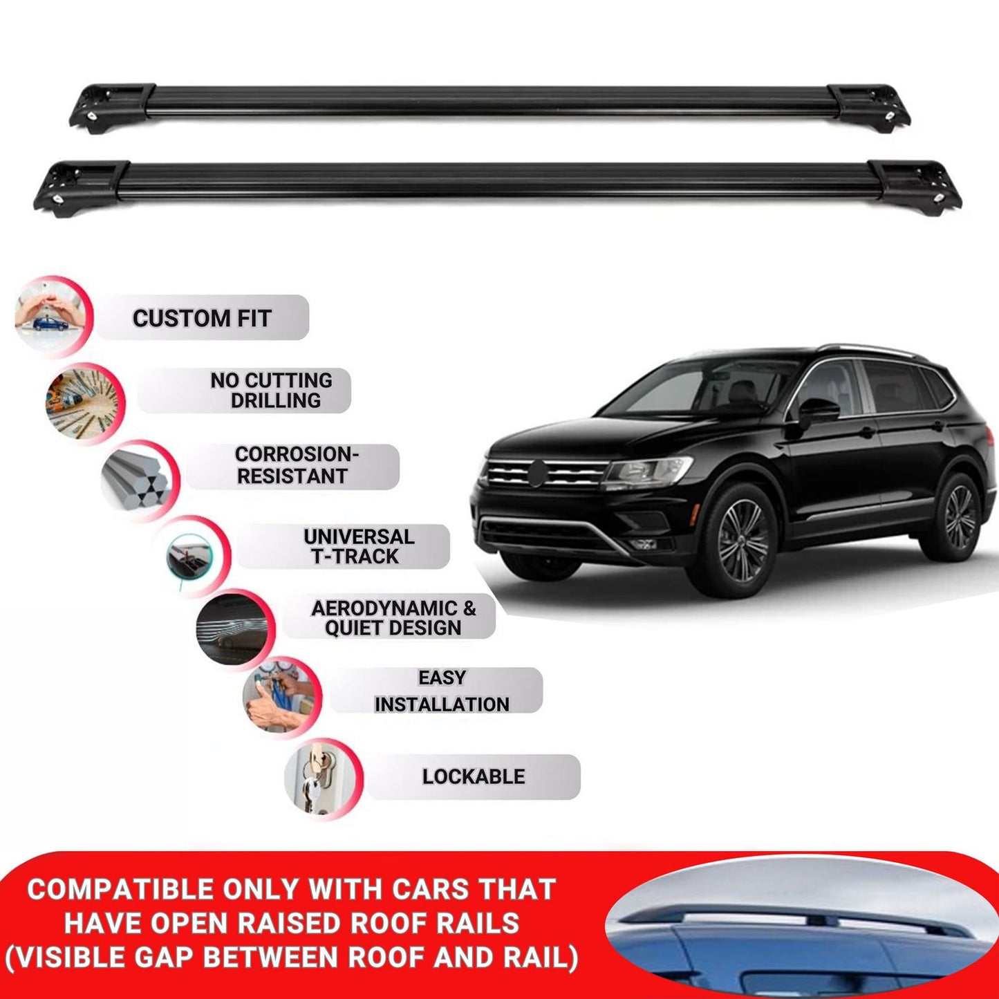 Roof Rack Cross Bars for Vw Tiguan 2016-2024 Lockable Roof Bars 2 Pcs Black