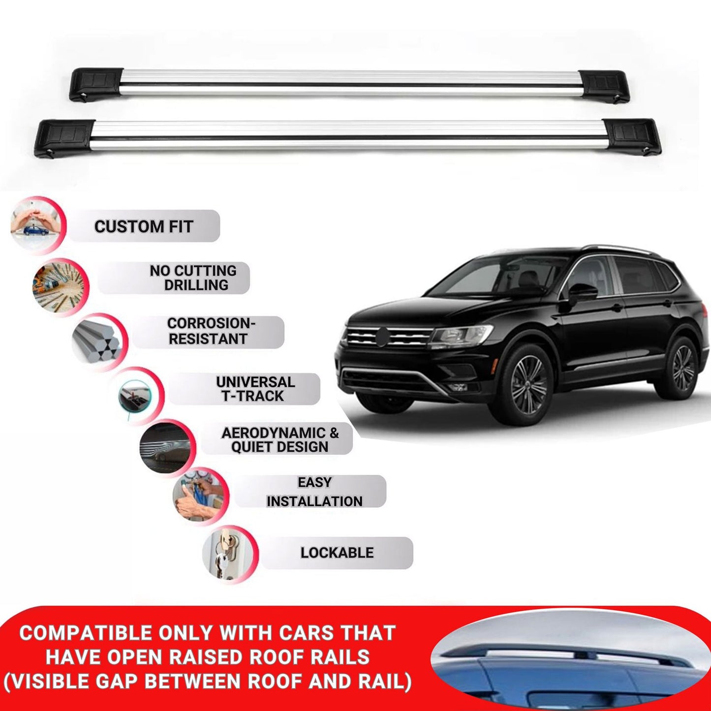 Roof Rack Cross Bars for Vw Tiguan 2016-2024 Lockable Roof Bars 2 Pcs Grey