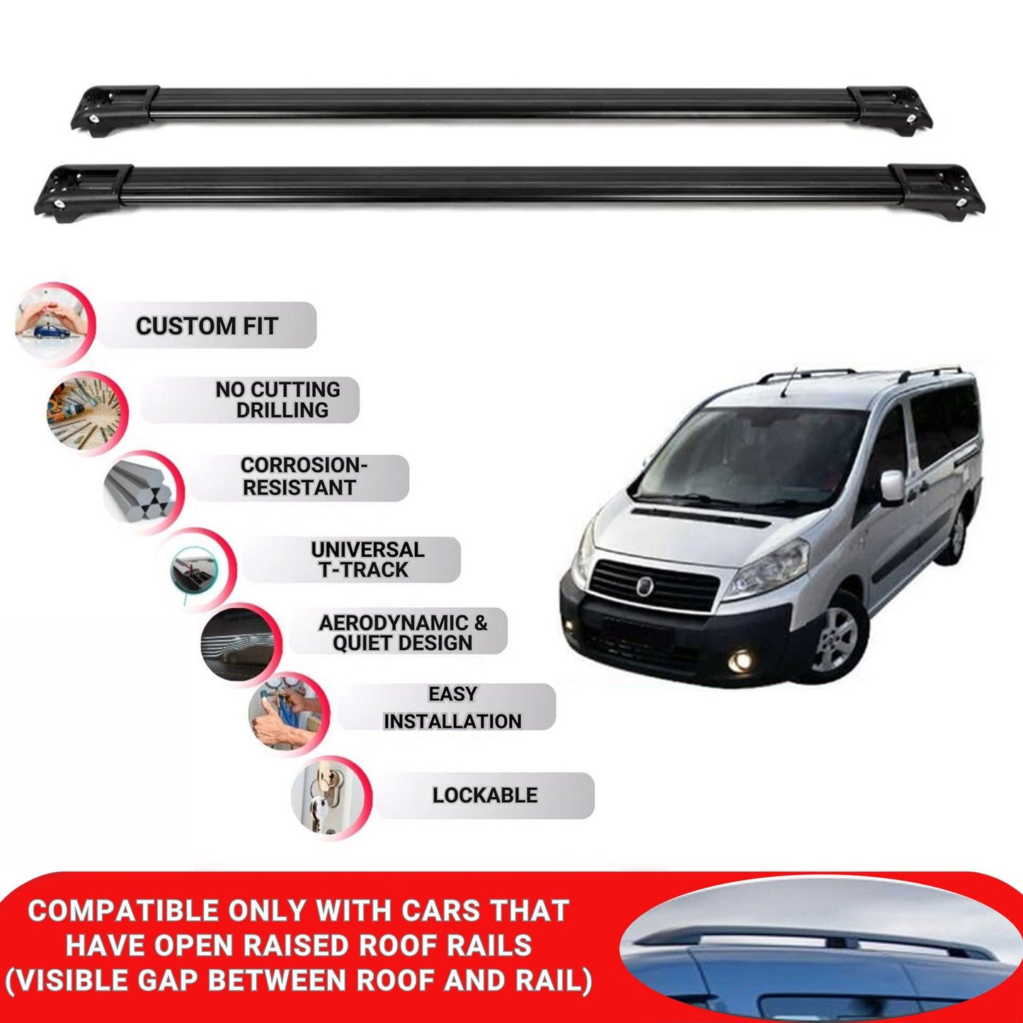 Roof Rack Cross Bars for Fiat Scudo 2007-2016 Lockable Roof Bars 2 Pcs Black
