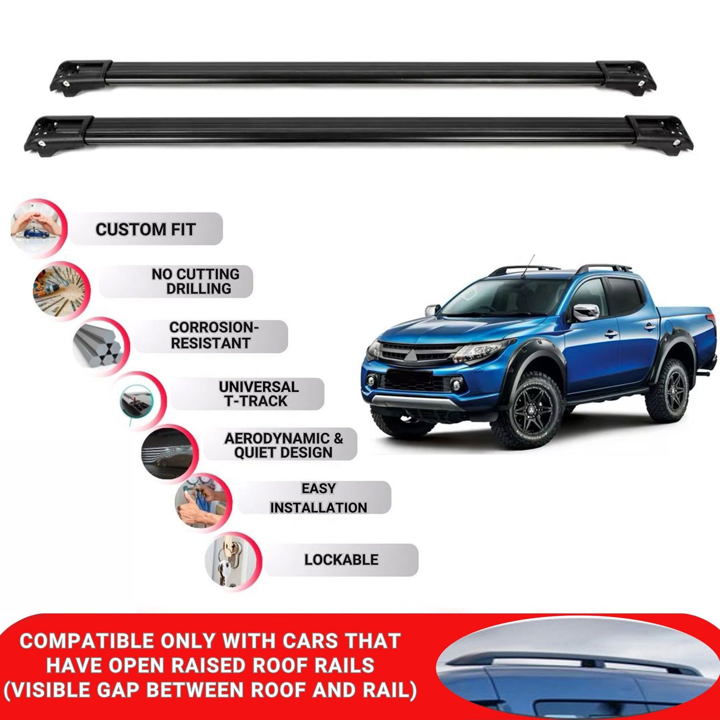Roof Rack Cross Bars for Mitsubishi Triton 2016+ Lockable Roof Bars 2 Pcs Black