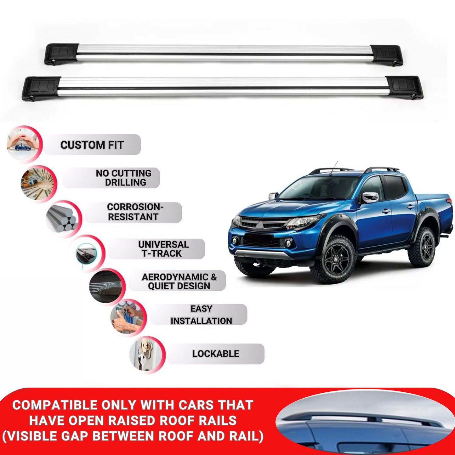 Roof Rack Cross Bars for Mitsubishi Triton 2016+ Lockable Roof Bars 2 Pcs Grey