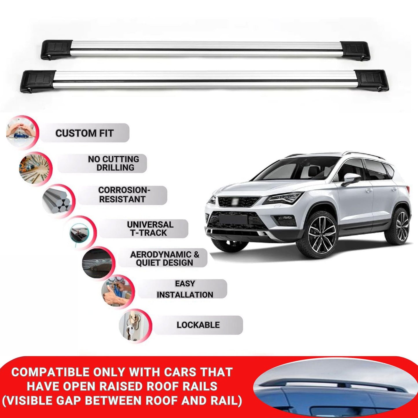 Roof Rack Cross Bars for Seat Ateca 2016-2025 Lockable Roof Bars 2 Pcs Grey