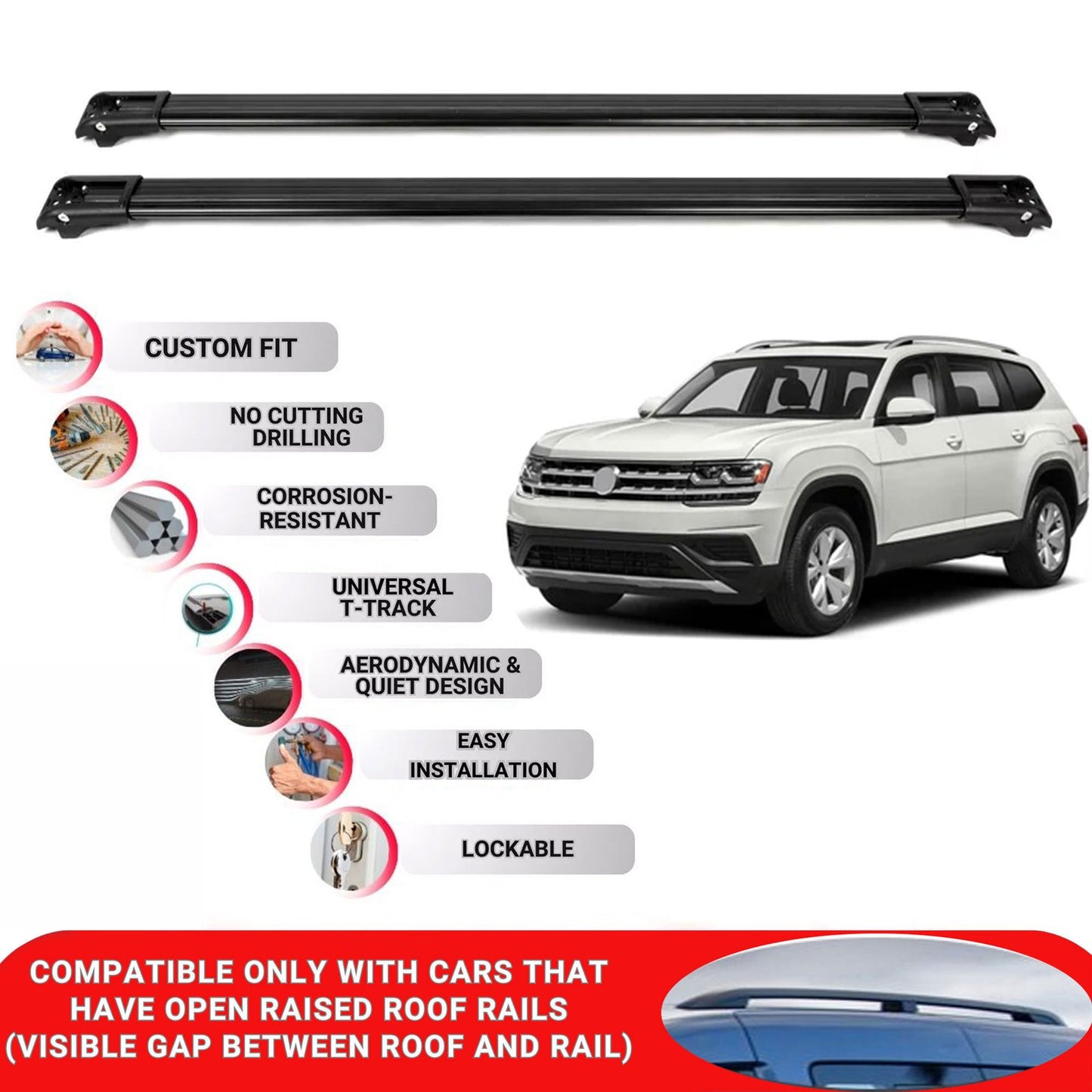Roof Rack Cross Bars for Vw Atlas 2017+ Lockable Roof Bars 2 Pcs Black