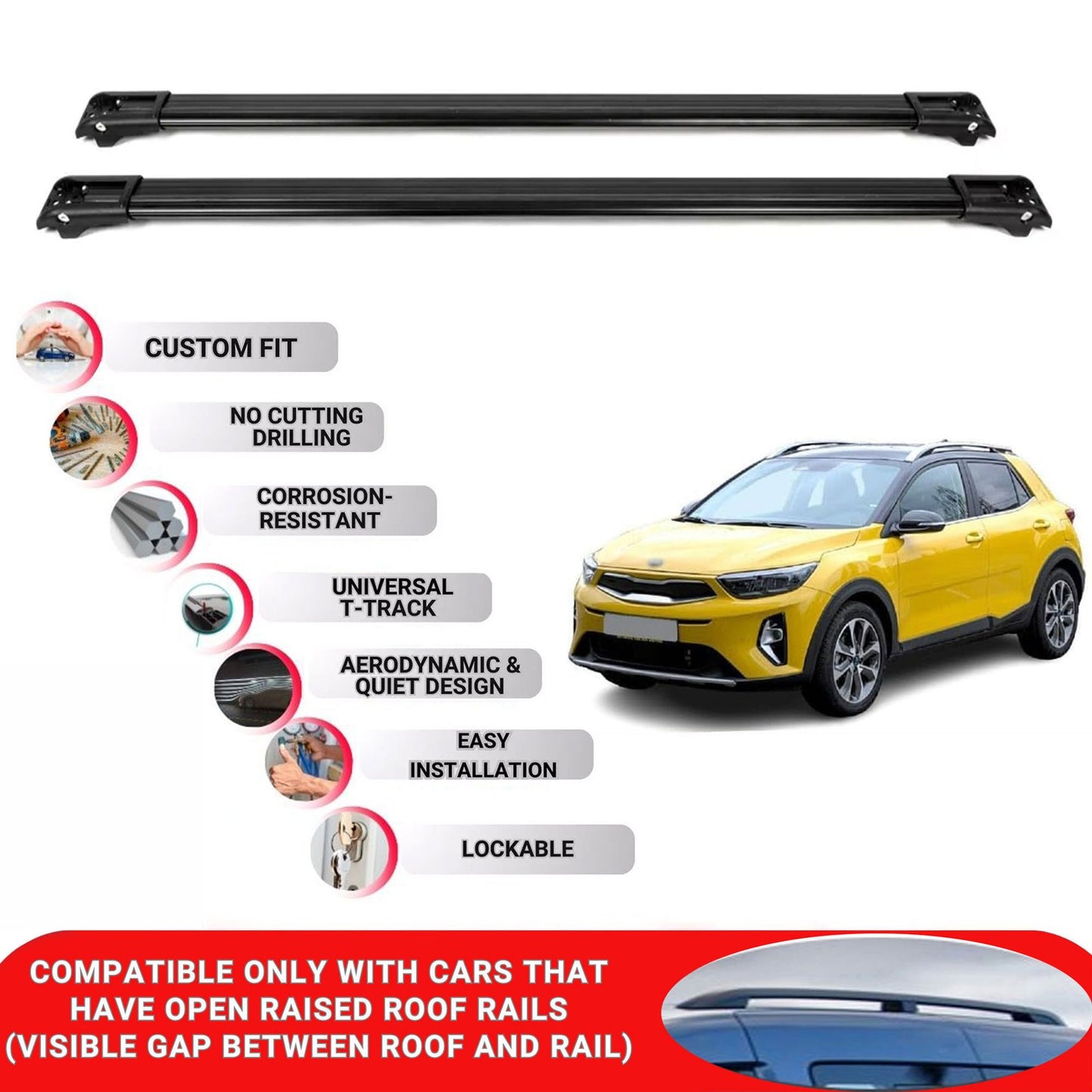 Roof Rack Cross Bars for Kia Stonic 2017 Onwards Lockable Roof Bars 2 Pcs Black