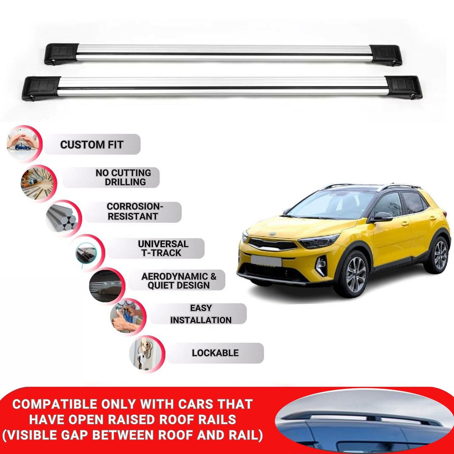 Roof Rack Cross Bars for Kia Stonic 2017 Onwards Lockable Roof Bars 2 Pcs Grey