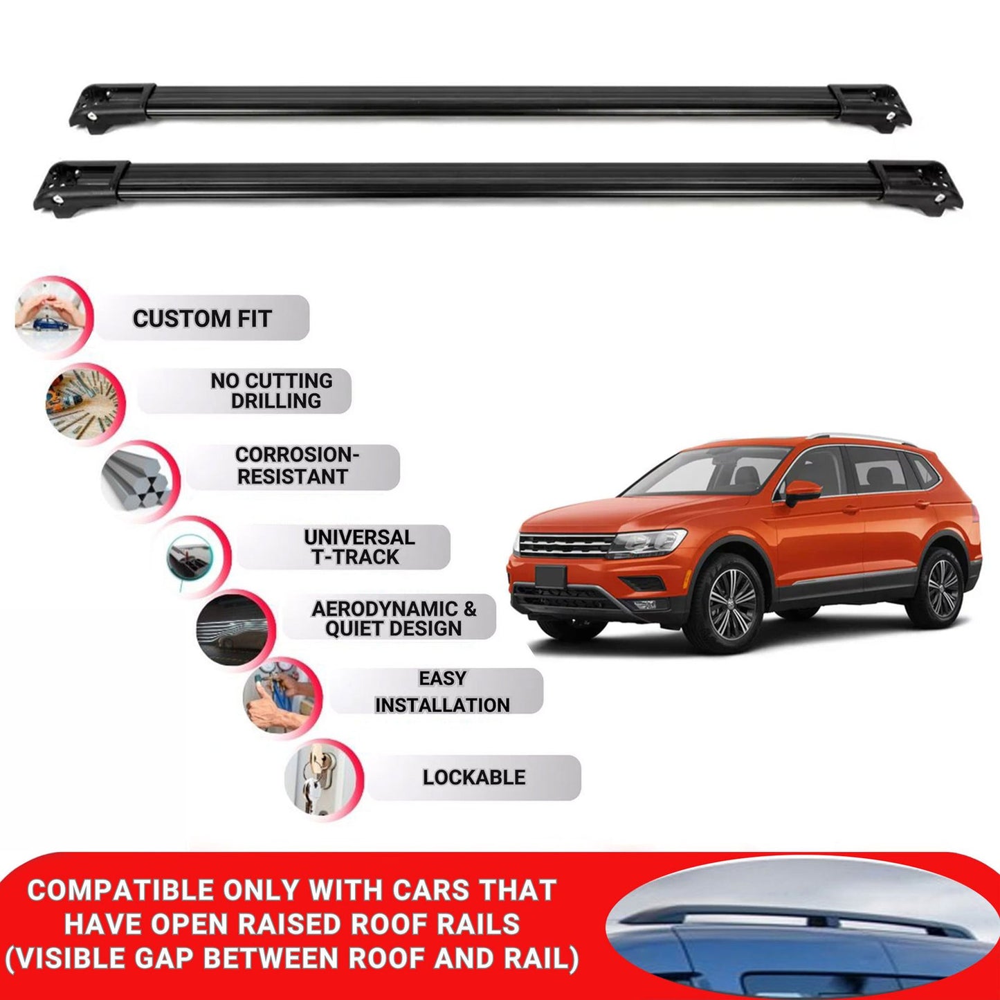 Roof Rack Cross Bars for Vw Tiguan Allspace 2018-2024 Lockable Roof Bars 2 Pcs Black