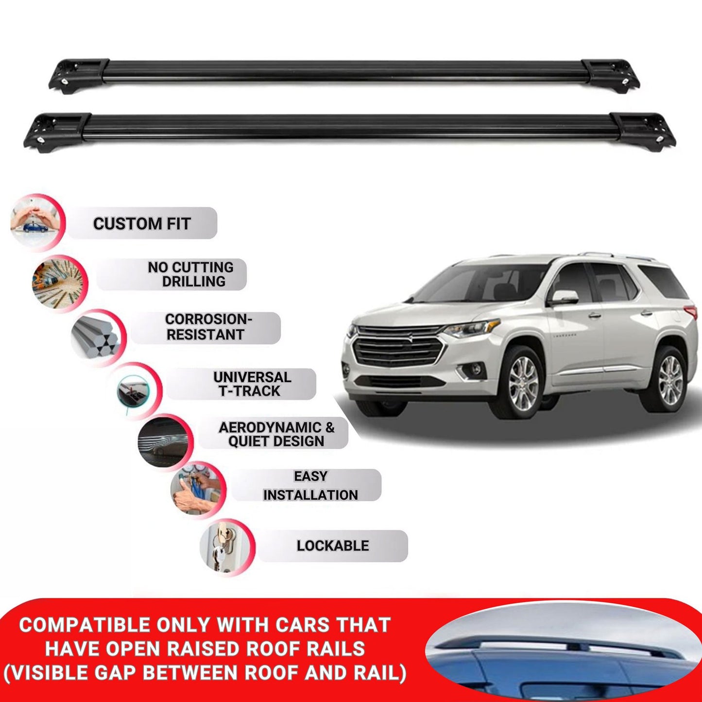 Roof Rack Cross Bars for Chevrolet Traverse 2018+ Lockable Roof Bars 2 Pcs Black