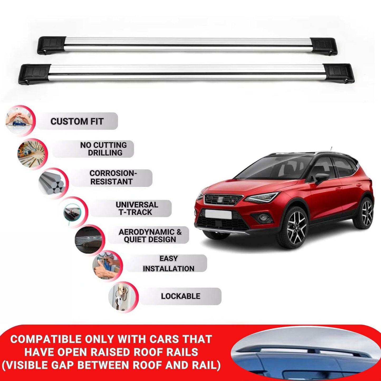 Roof Rack Cross Bars for Seat Arona 2018 Onwards Lockable Roof Bars 2 Pcs Grey