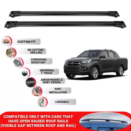 Roof Rack Cross Bars for Ssangyong Musso 2018+ Lockable Roof Bars 2 Pcs Black