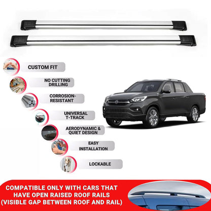 Roof Rack Cross Bars for Ssangyong Musso 2018+ Lockable Roof Bars 2 Pcs Grey