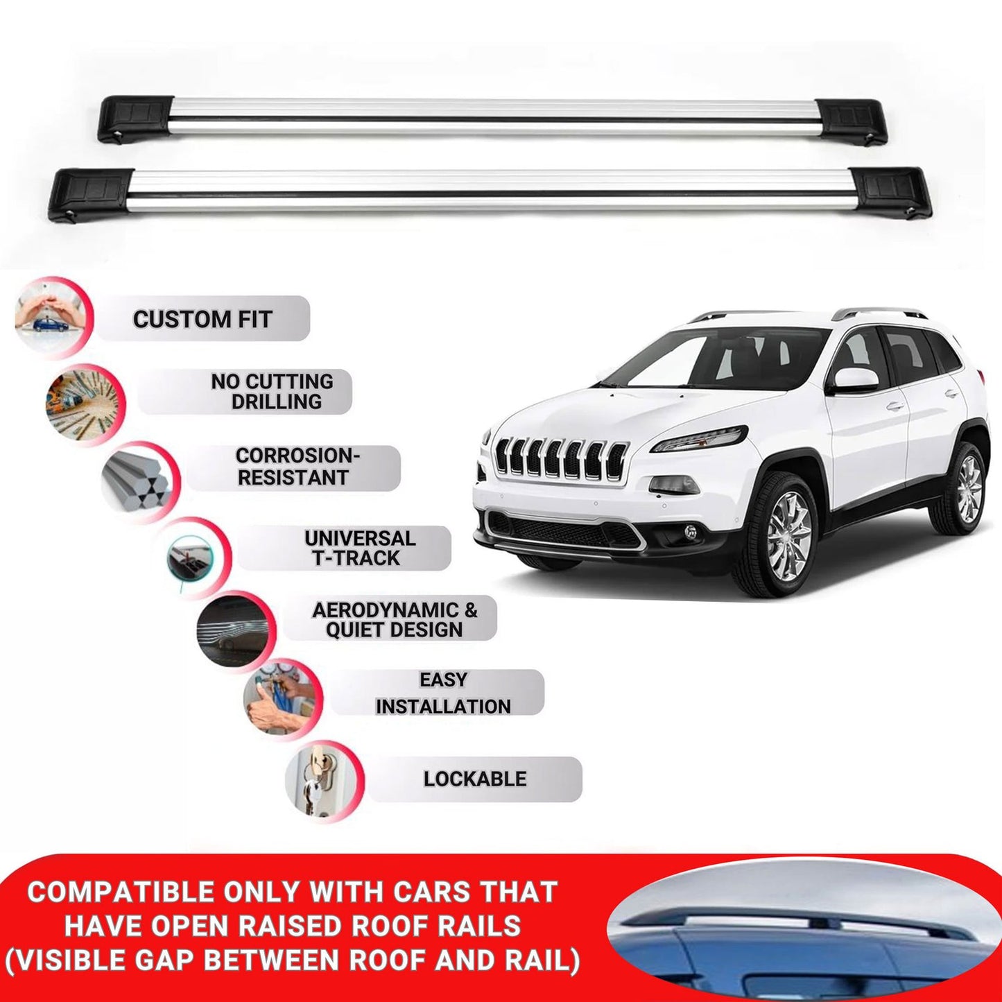 Roof Rack Cross Bars for Jeep Cherokee 2019-2023 Lockable Roof Bars 2 Pcs Grey