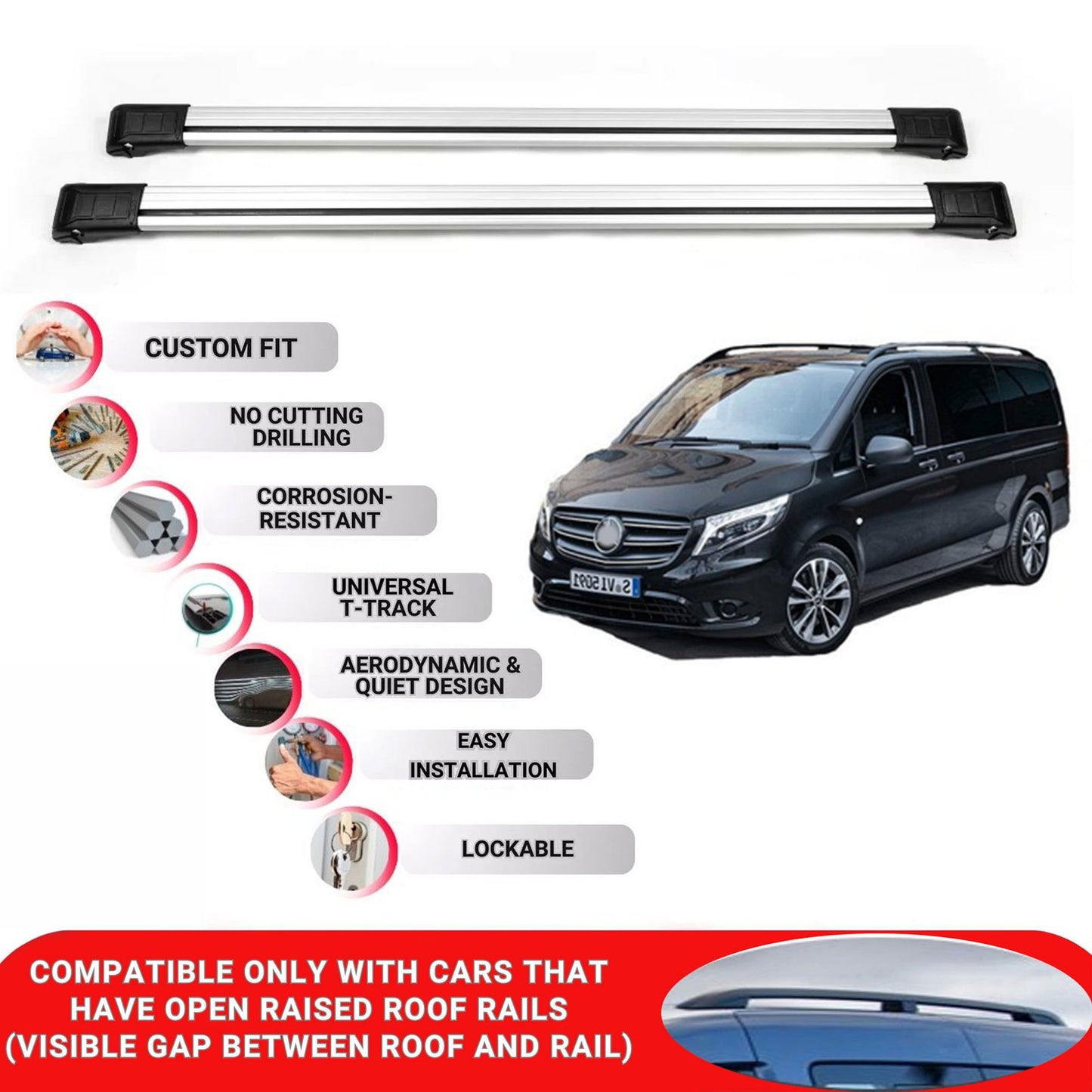 Roof Rack Cross Bars for Mercedes Vito 2015 Onwards Lockable Roof Bars 2 Pcs Grey