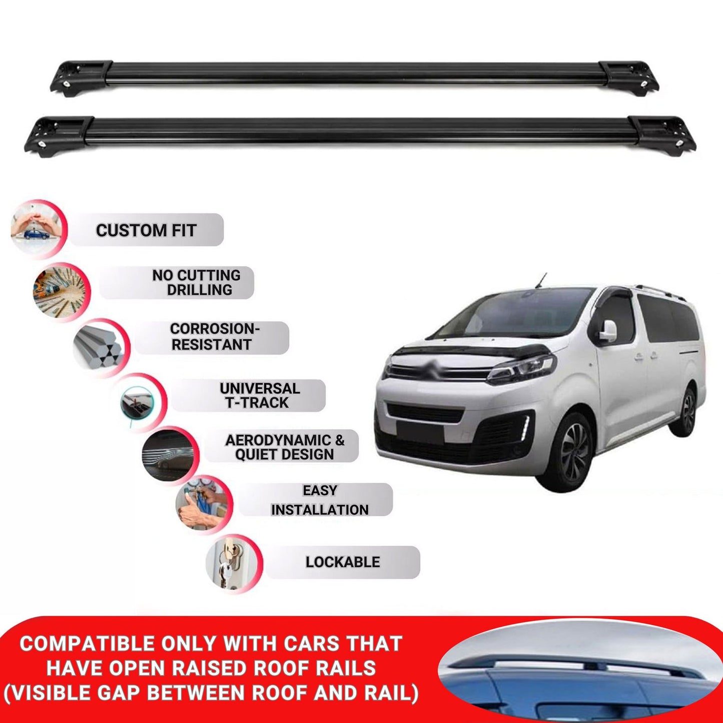 Roof Rack Cross Bars for Citroen Space Tourer 2016+ Lockable Roof Bars 2 Pcs Black