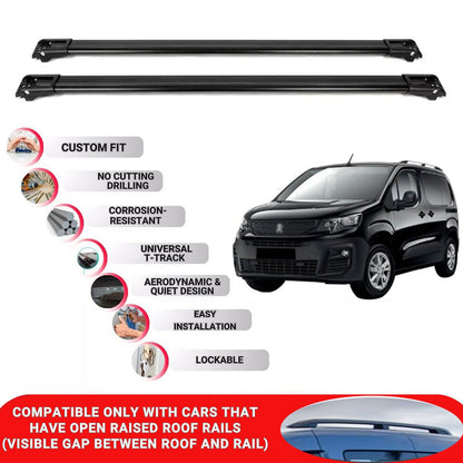 Roof Rack Cross Bars for Peugeot Partner 2019-2022 Lockable Bars 2 Pcs Black