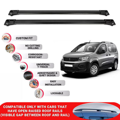 Roof Rack Cross Bars for Peugeot Rifter 2019-2022 Lockable Roof Bars 2 Pcs Black