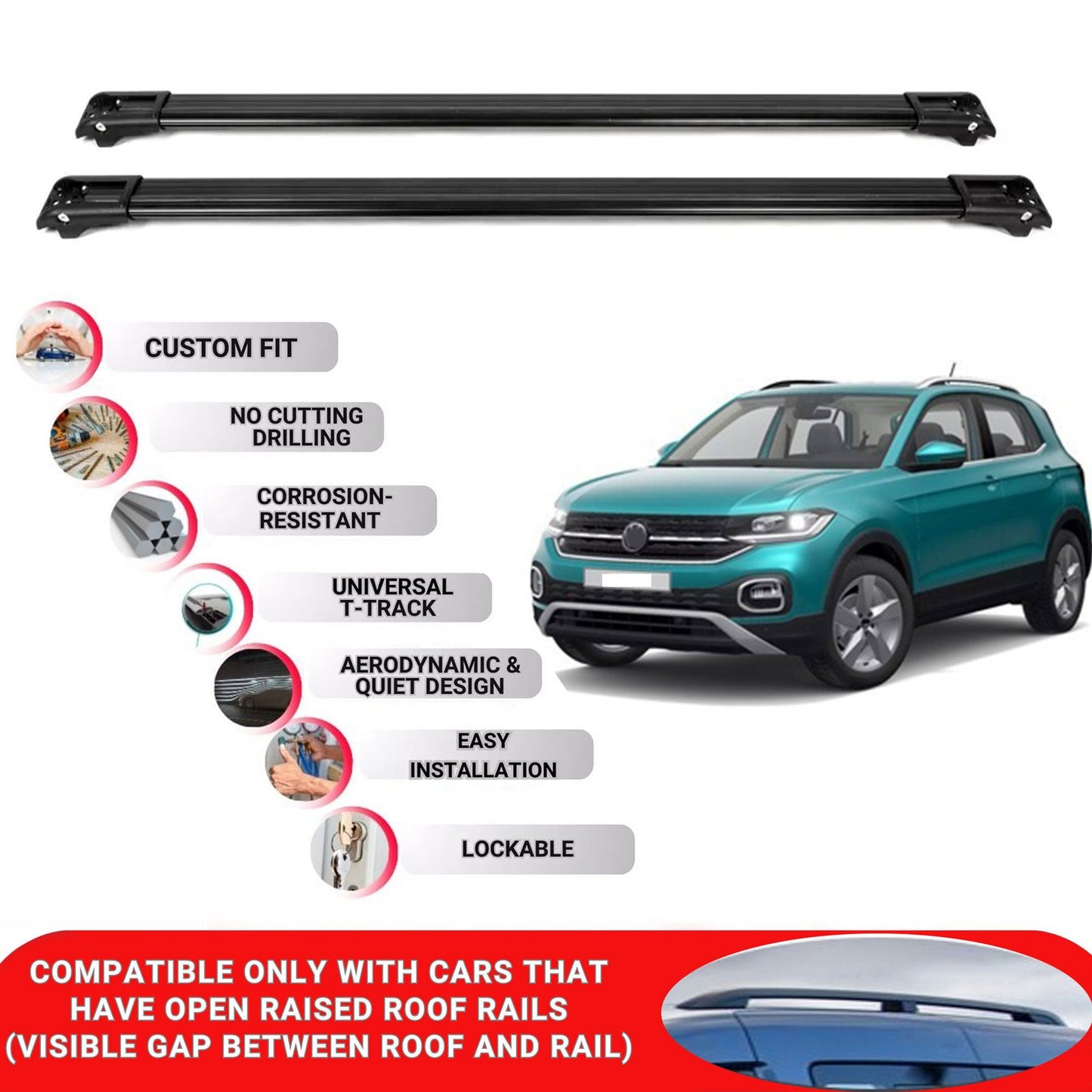 Roof Rack Cross Bars for Vw T-Cross 2019+ Lockable Roof Bars 2 Pcs Black