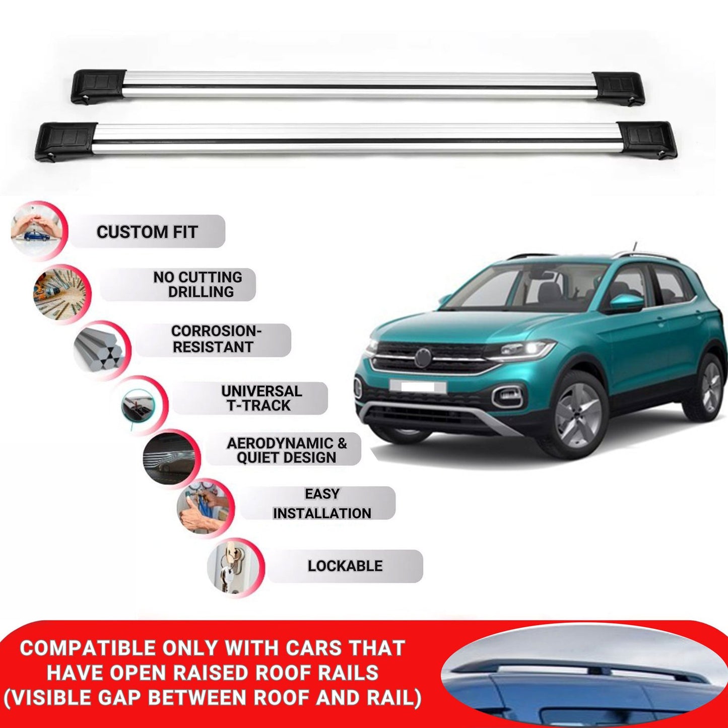 Roof Rack Cross Bars for Vw T-Cross 2019+ Lockable Roof Bars 2 Pcs Grey