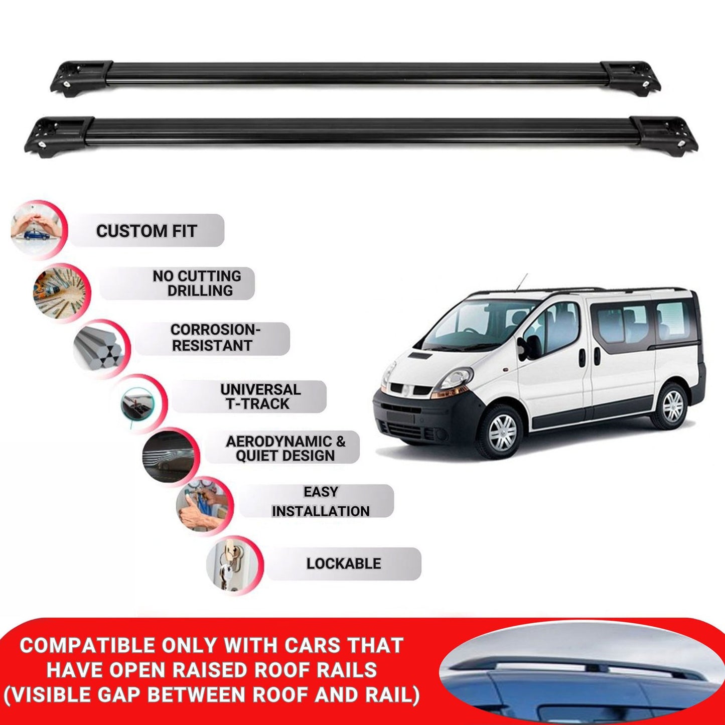 Roof Rack Cross Bars for Renault Trafic 2001-2014 Lockable Roof Bars 2 Pcs Black