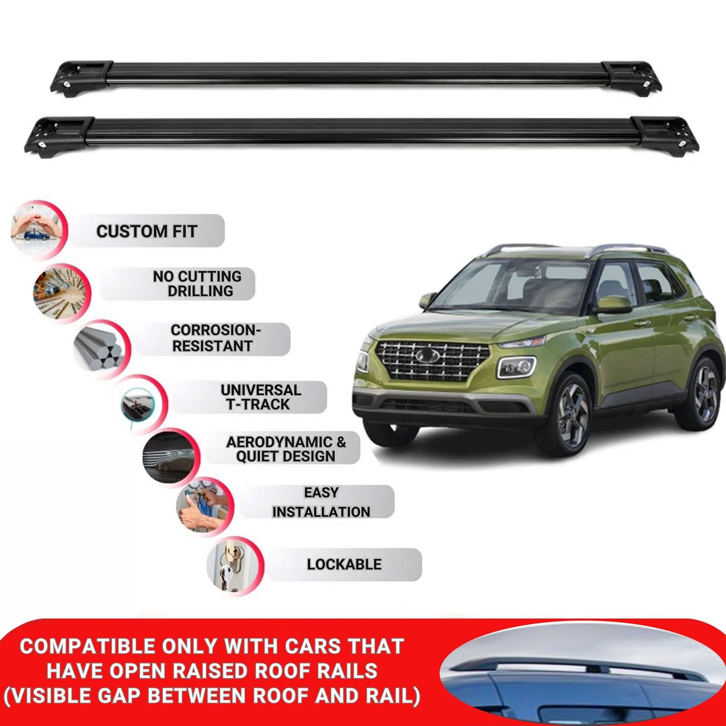 Roof Rack Cross Bars for Hyundai Venue 2020+ Lockable Roof Bars 2 Pcs Black