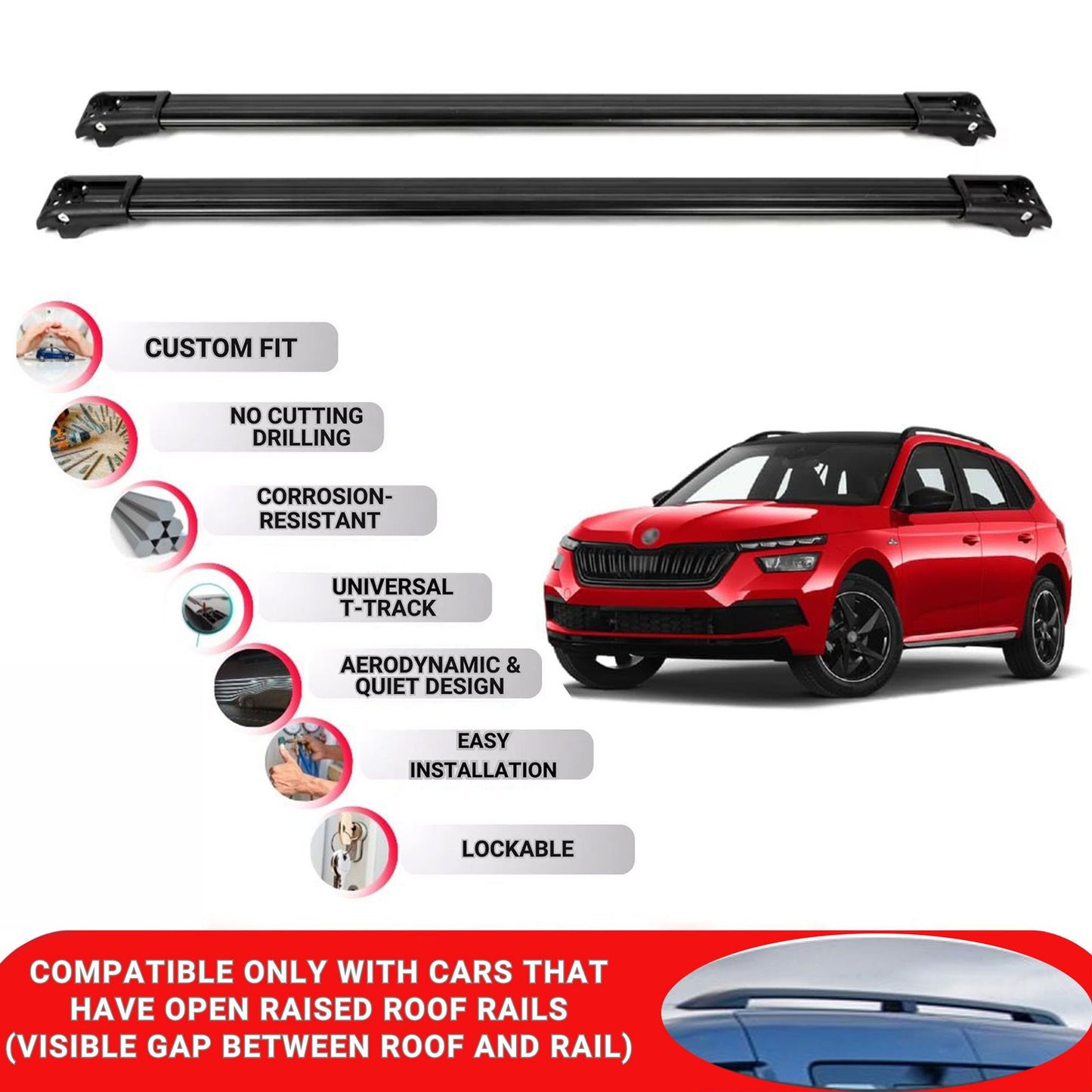 Roof Rack Cross Bars for Skoda Kamiq 2020 Onwards Lockable Roof Bars 2 Pcs Black