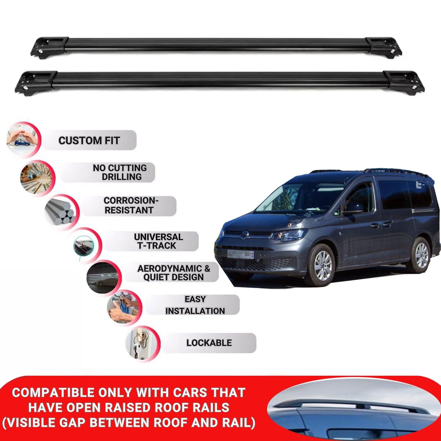 Roof Rack Cross Bars for Vw Caddy Maxi 2021+ Lockable Roof Bars 2 Pcs Black