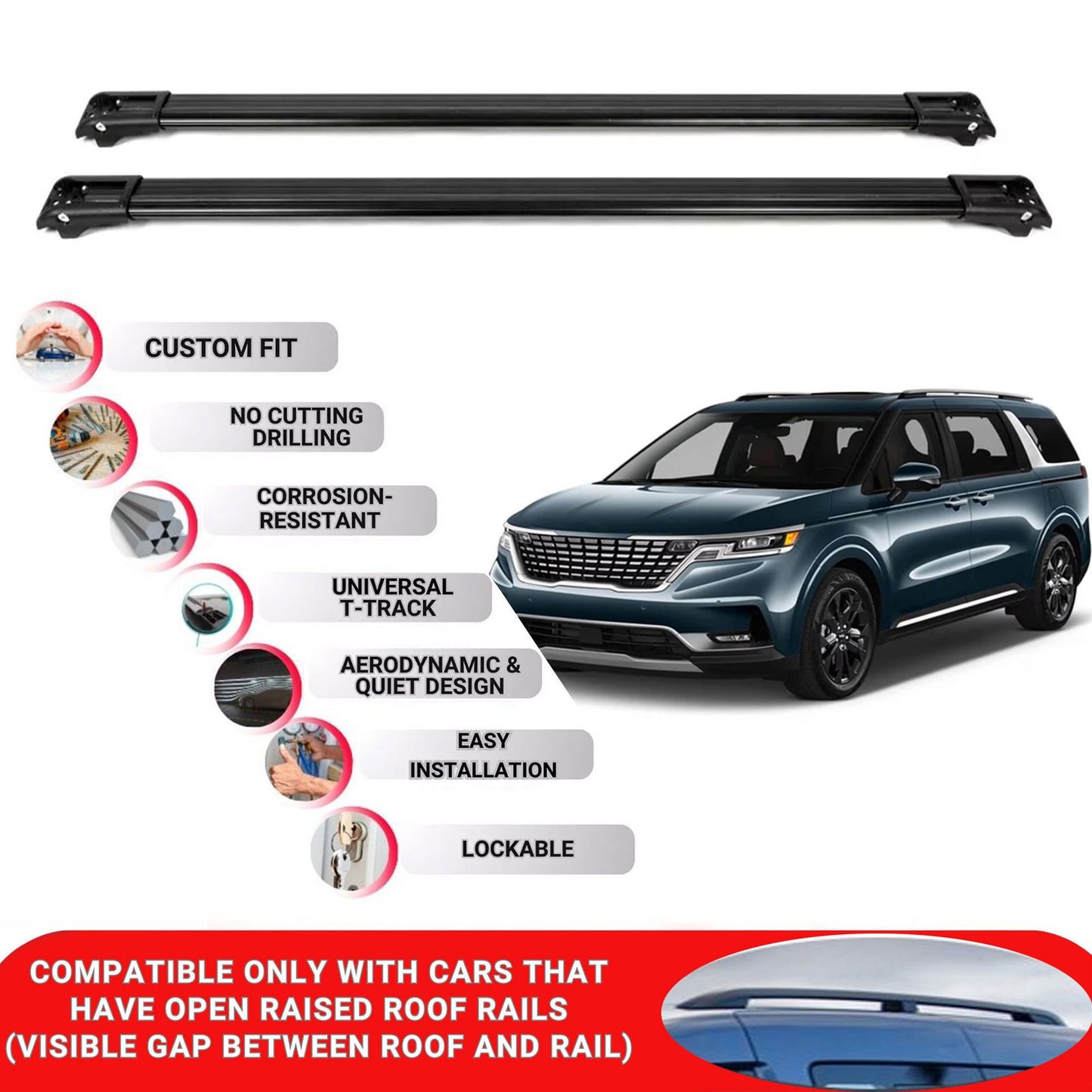 Roof Rack Cross Bars for Kianival Mpv 2021-2025 Lockable Roof Bars 2 Pcs Black