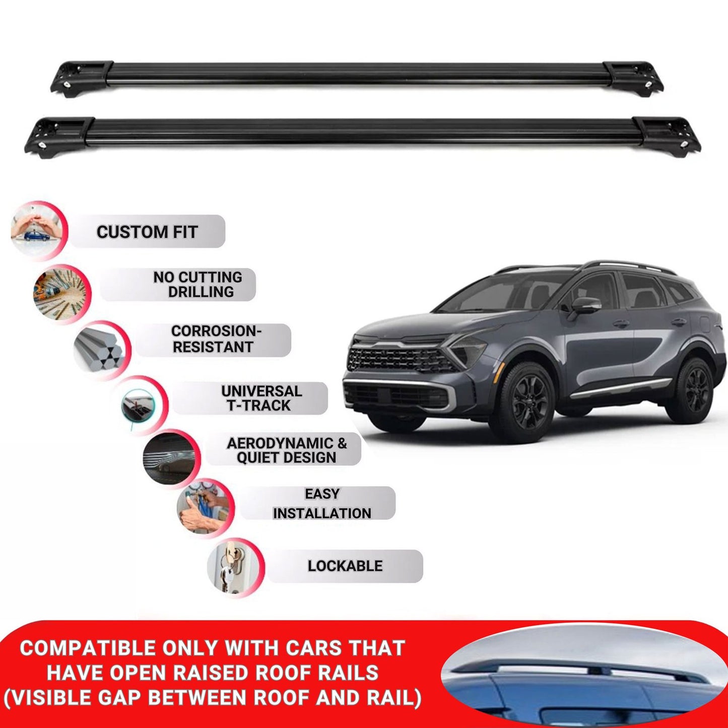 Roof Rack Cross Bars for Kia Sportage 2022+ Lockable Roof Bars 2 Pcs Black