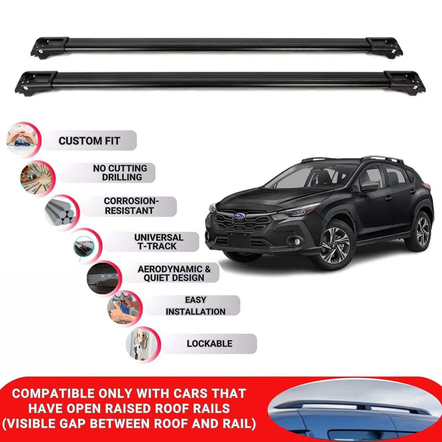 Roof Rack Cross Bars for Subaru Crosstrek 2023+ Lockable Roof Bars 2 Pcs Black