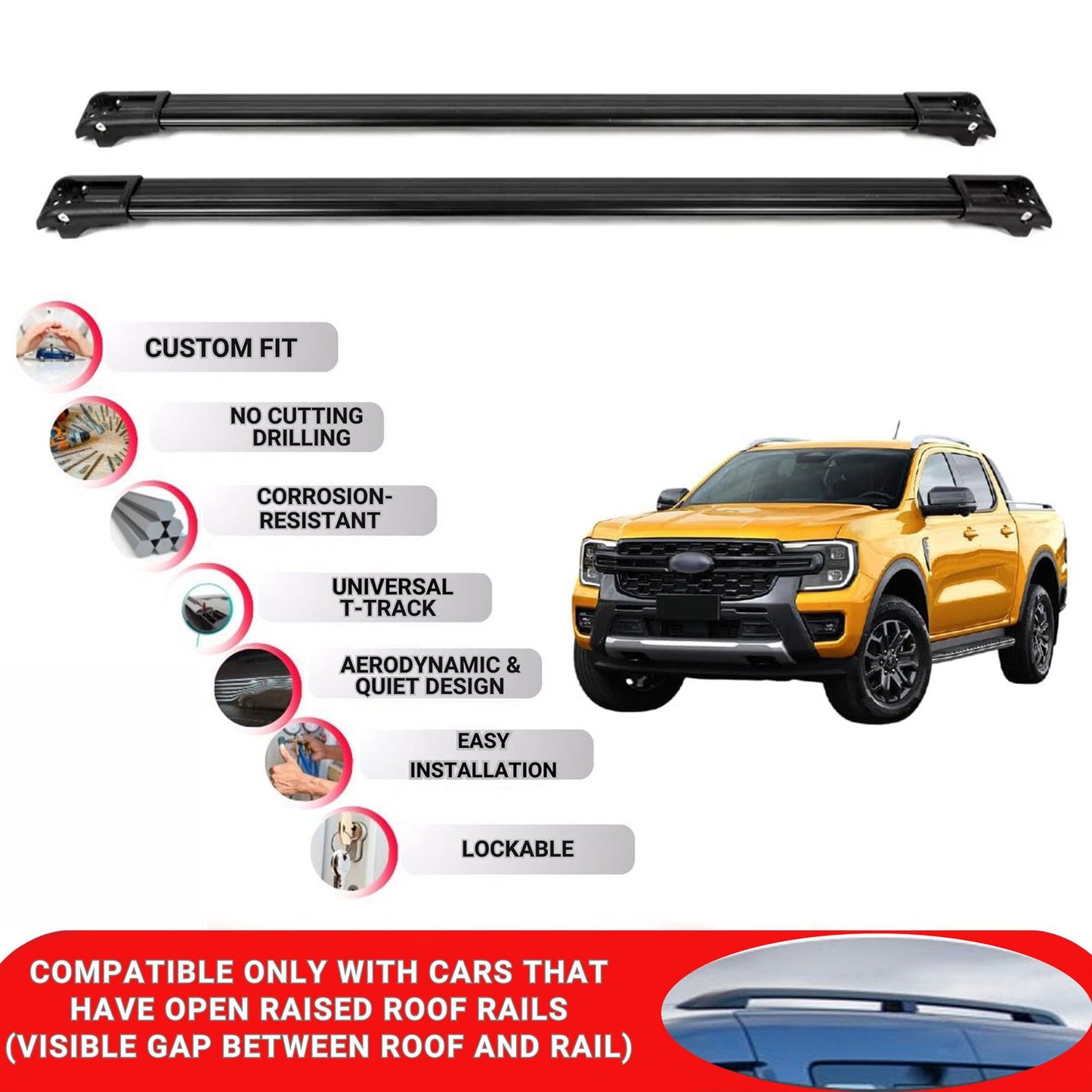 Roof Rack Cross Bars for Ford Ranger 2023+ Lockable Roof Bars 2 Pcs Black
