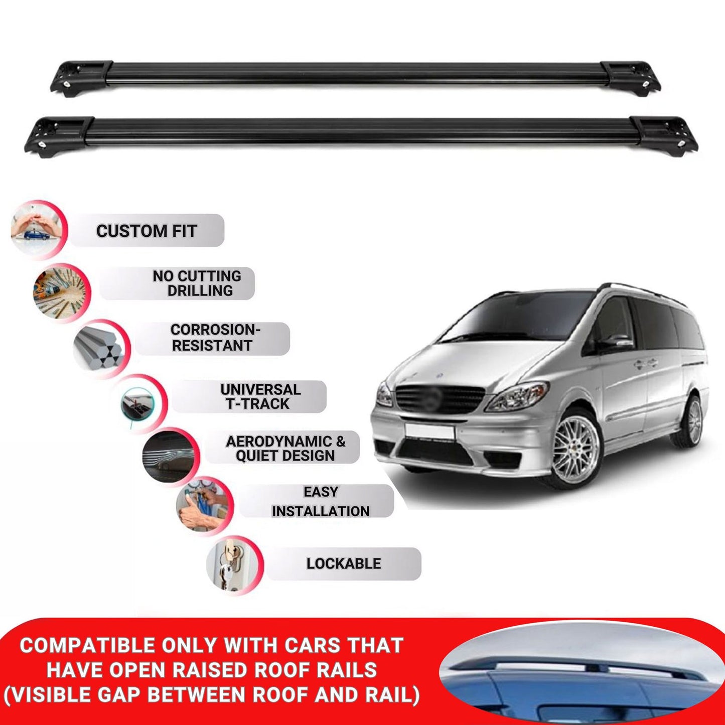 Roof Rack Cross Bars for Mercedes Vito 2004-2014 Lockable Roof Bars 2 Pcs Black