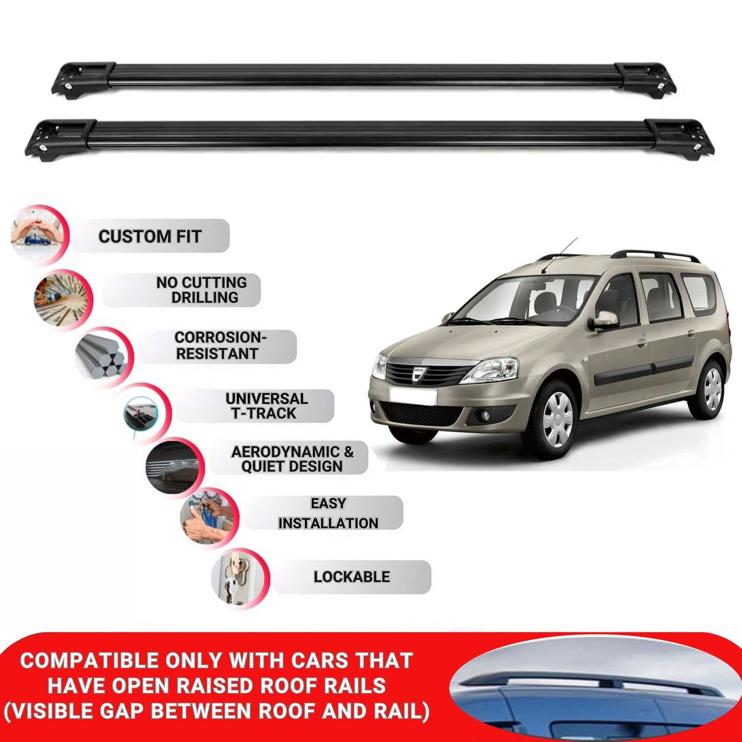 Roof Rack Cross Bars for Dacia Logan 2007-2012 Lockable Roof Bars 2 Pcs Black