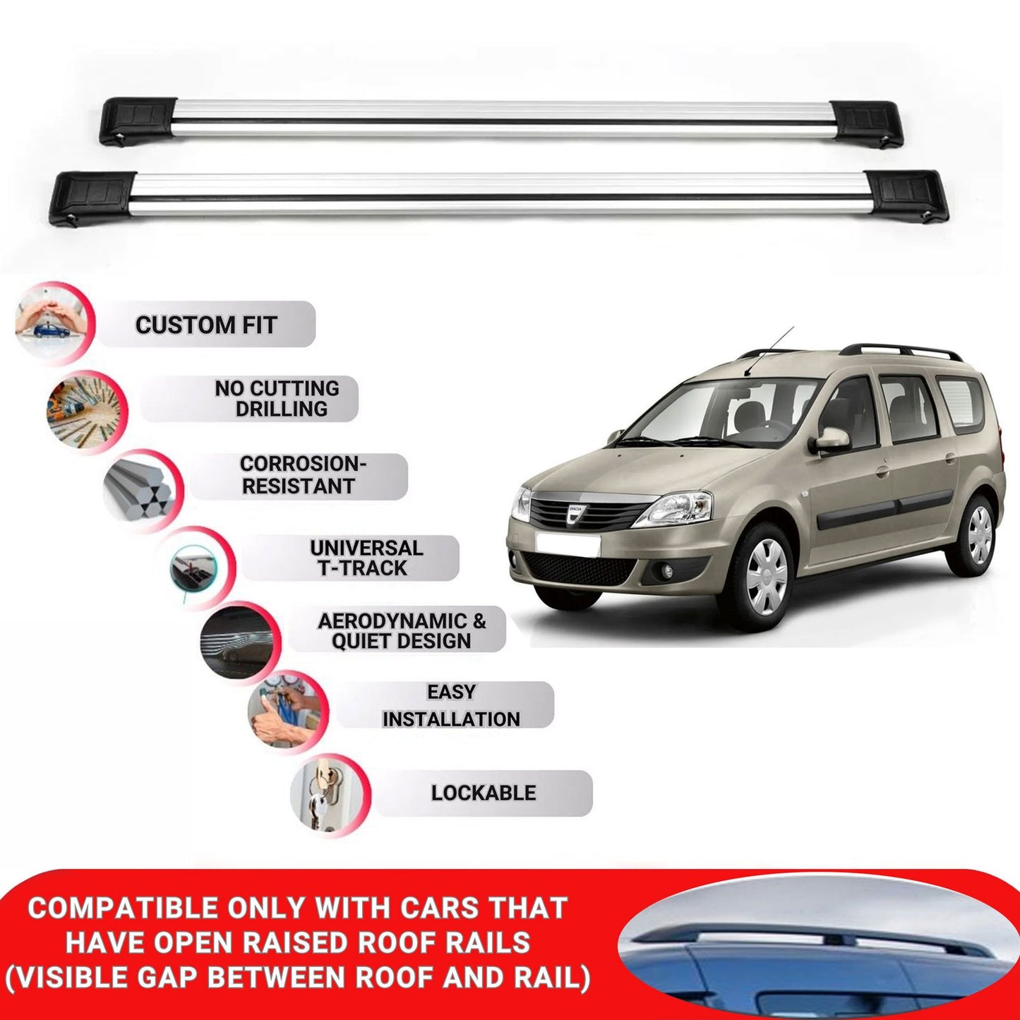 Roof Rack Cross Bars for Dacia Logan 2007-2012 Lockable Roof Bars 2 Pcs Grey