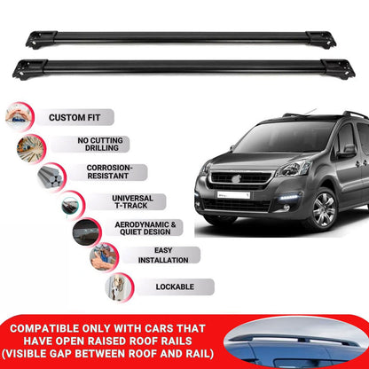Roof Rack Cross Bars for Peugeot Partner Tepee Mpv 2008-2018 Lockable 2 Pcs Black