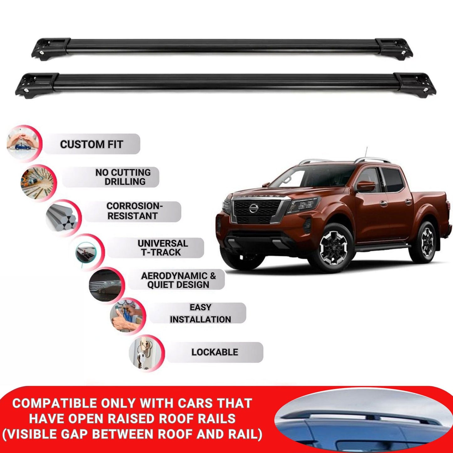 Roof Rack Cross Bars for Nissan Np300 2015+ Lockable Roof Bars 2 Pcs Black