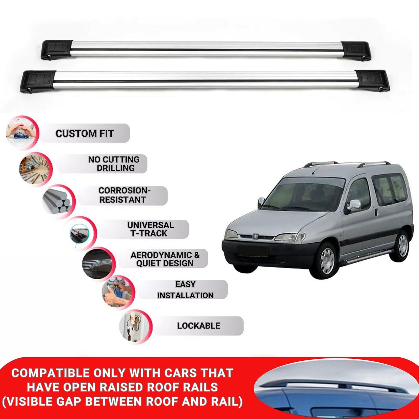 Roof Rack Cross Bars for Peugeot Partner 1997-2008 Lockable Bars 2 Pcs Grey