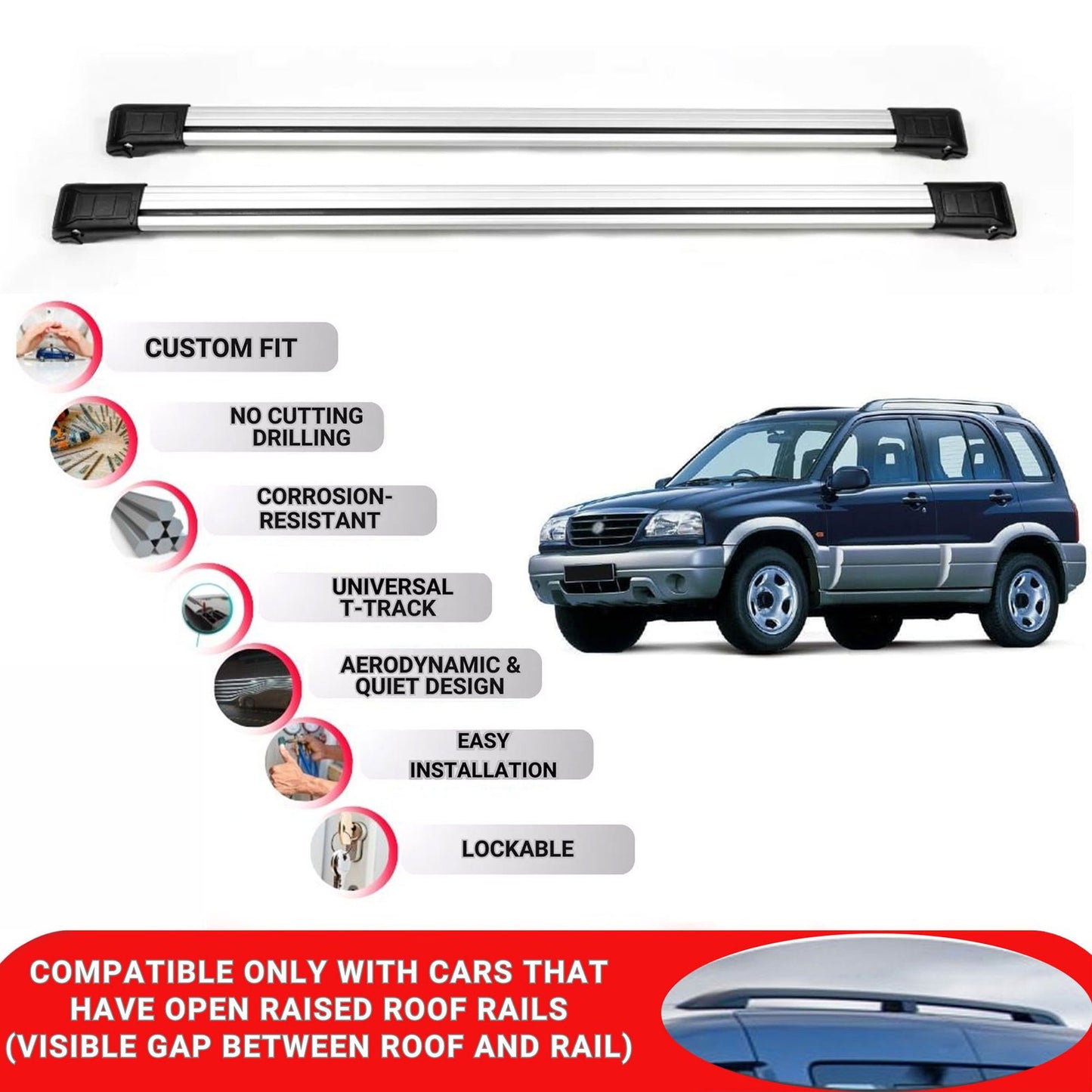 Roof Rack Cross Bars for Suzuki Grand Vitara 1998-2004 Lockable Bars 2 Pcs Grey