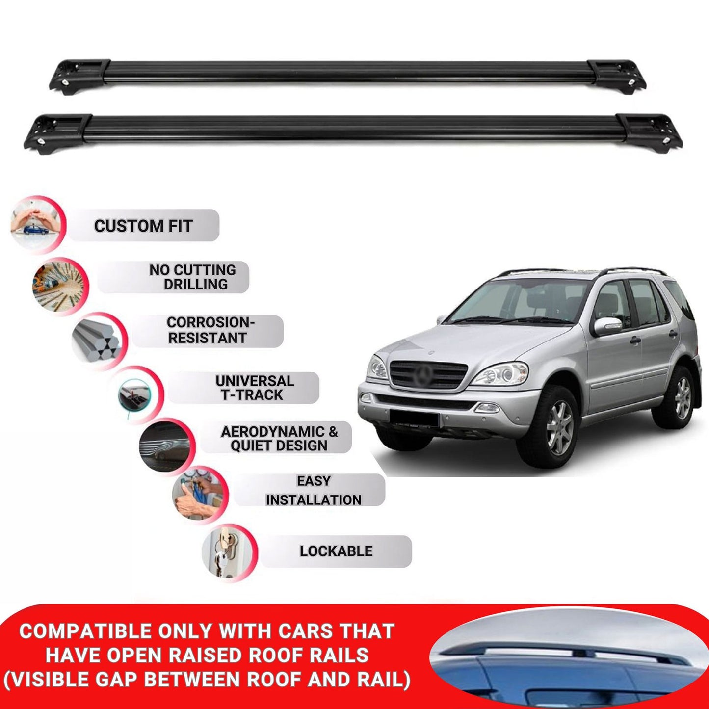Roof Rack Cross Bars for Mercedes M-Class W163 1998-2005 Lockable 2 Pcs Black