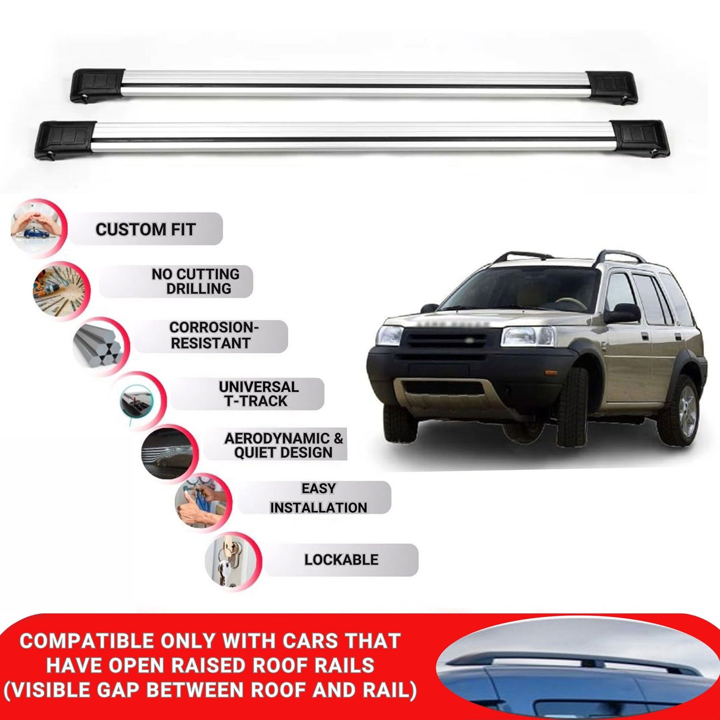 Roof Rack Cross Bars for Land Rover Freelander 1 1998-2006 Lockable 2 Pcs Grey