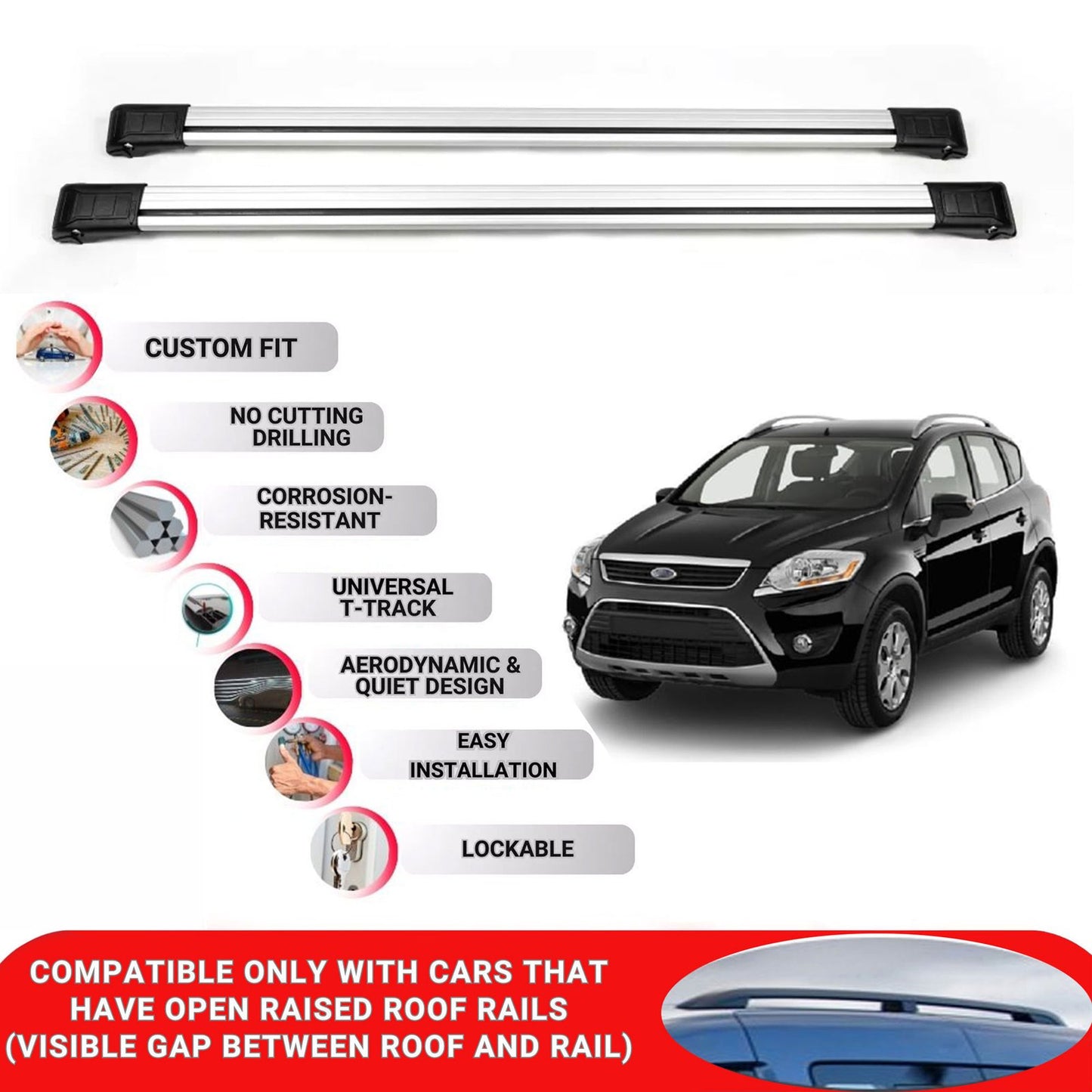 Roof Rack Cross Bars for Ford Kuga OEM 2008-2012 Lockable Roof Bars 2 Pcs Grey