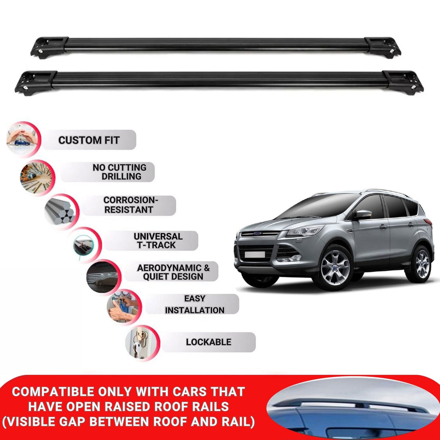 Roof Rack Cross Bars for Ford Kuga OEM 2012-2020 Lockable Roof Bars 2 Pcs Black