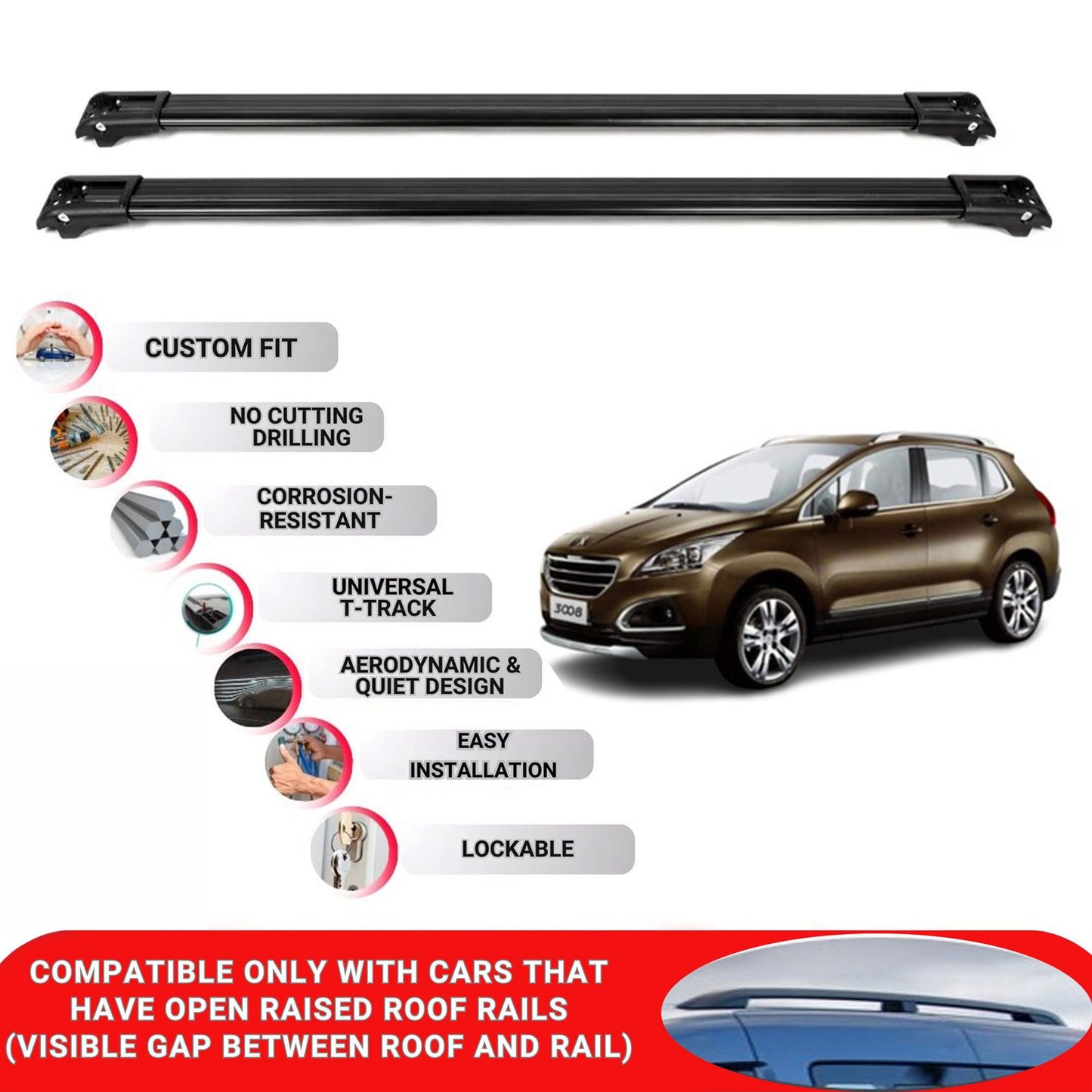 Roof Rack Cross Bars for Peugeot 3008 2009-2016 Lockable Roof Bars 2 Pcs Black