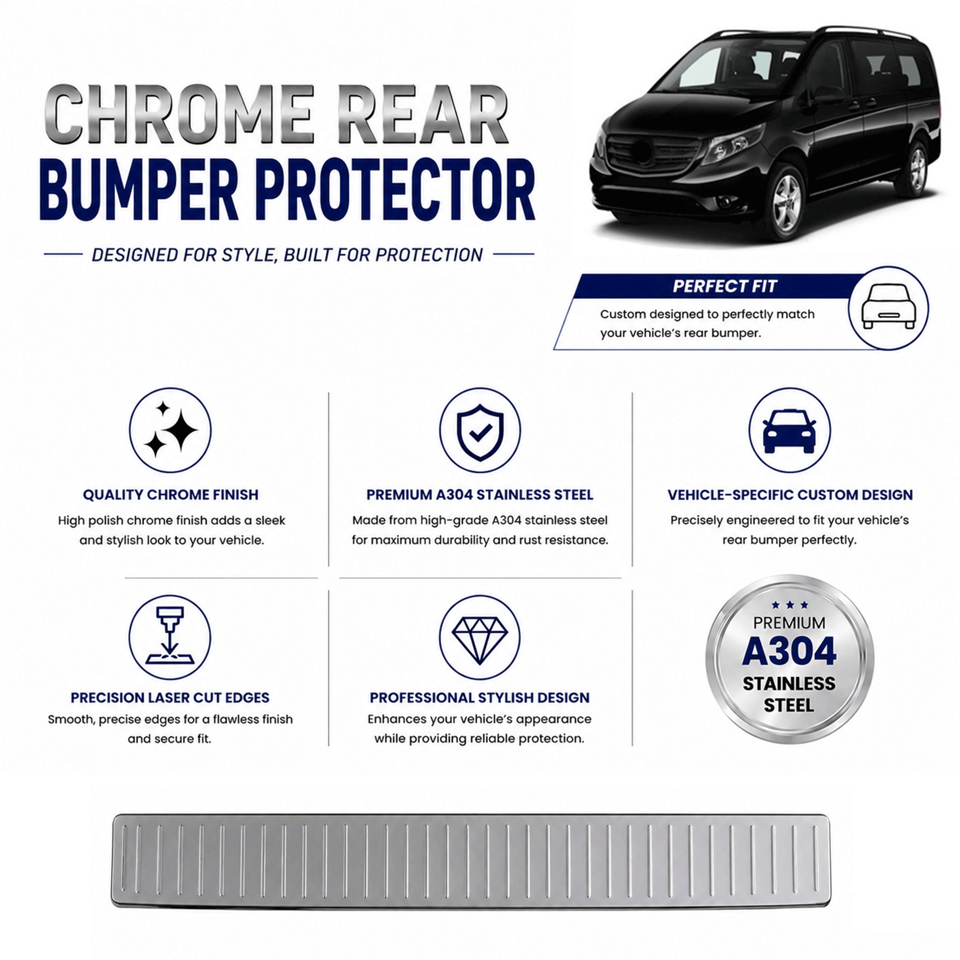 Chrome Rear Bumper Protector for Mercedes Vito W447 2014 Onwards, Sill Guard - image 2