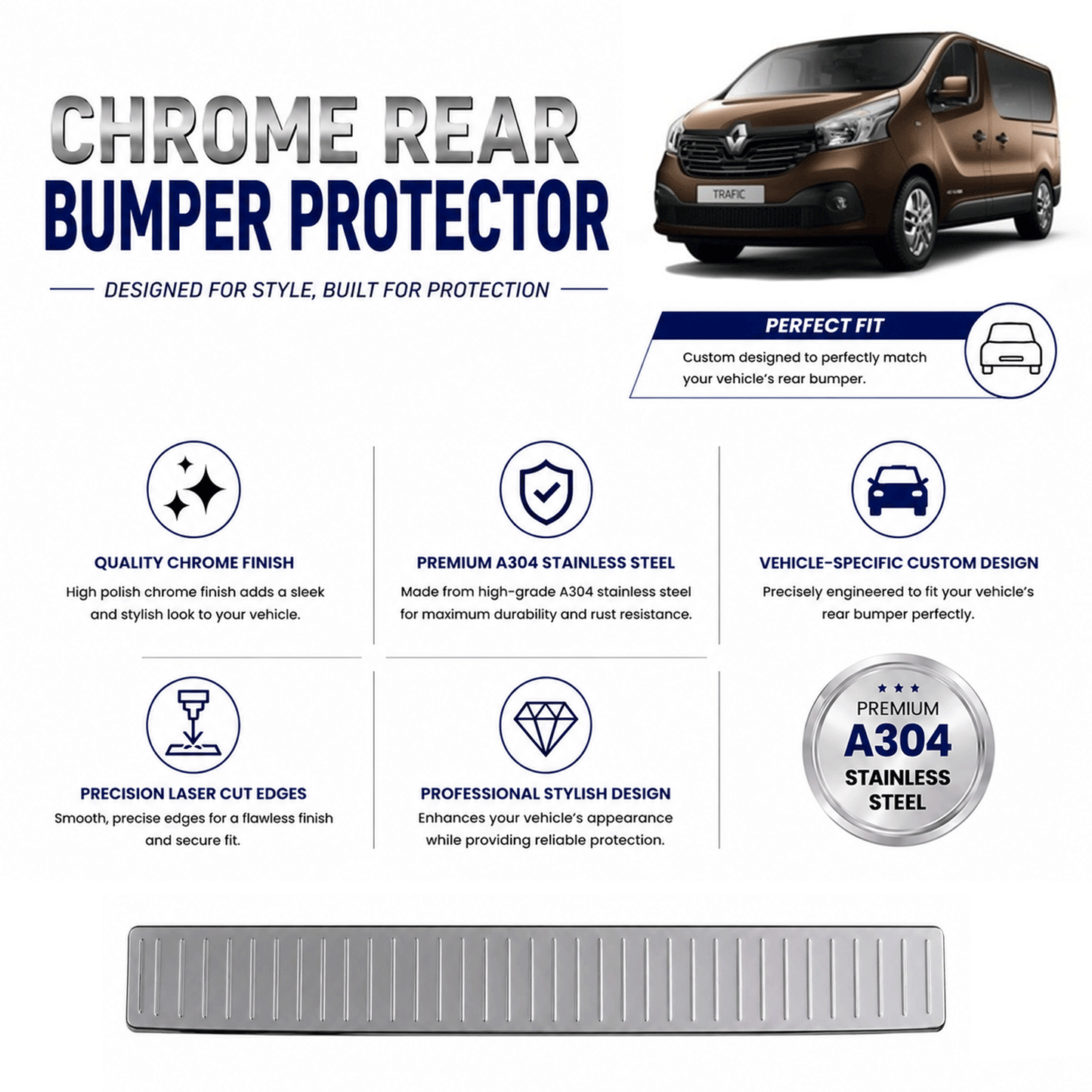 Chrome Rear Bumper Protector for Renault Trafic 2014 Onwards, Sill Guard - image 2