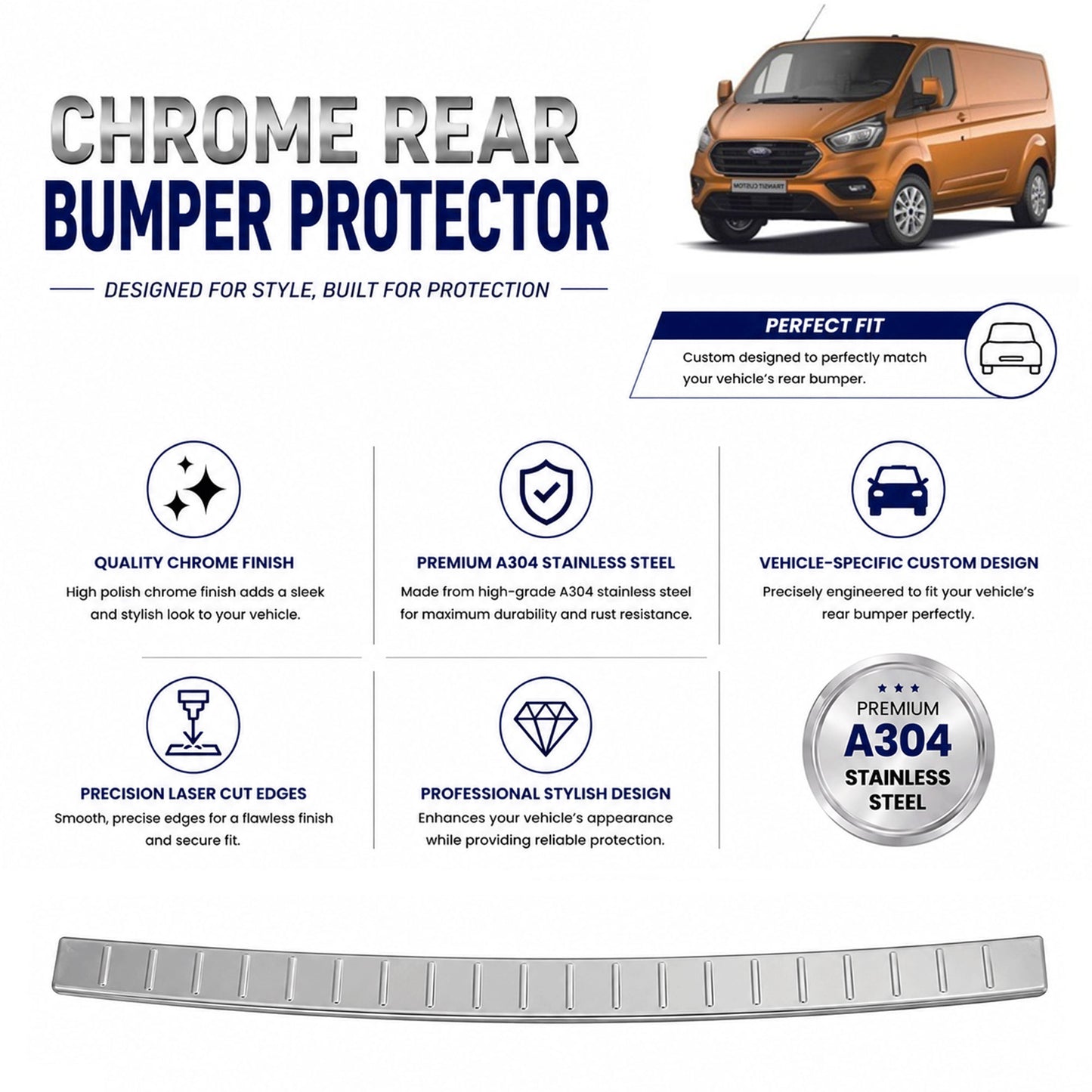 Chrome Rear Bumper Protector for Ford Transit Custom 2013-2023, Sill Guard - image 2