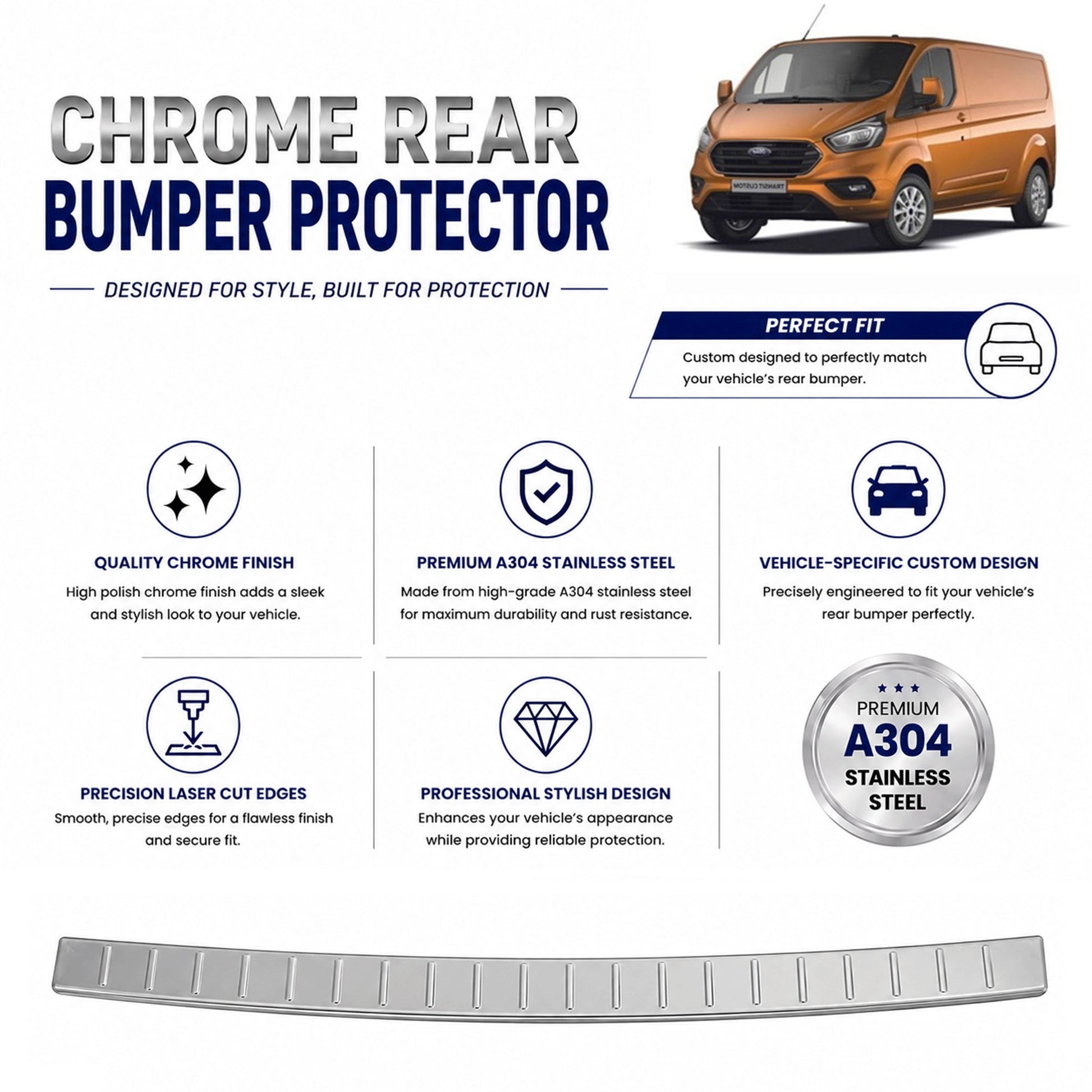 Chrome Rear Bumper Protector for Ford Transit Custom 2013-2023, Sill Guard - image 2