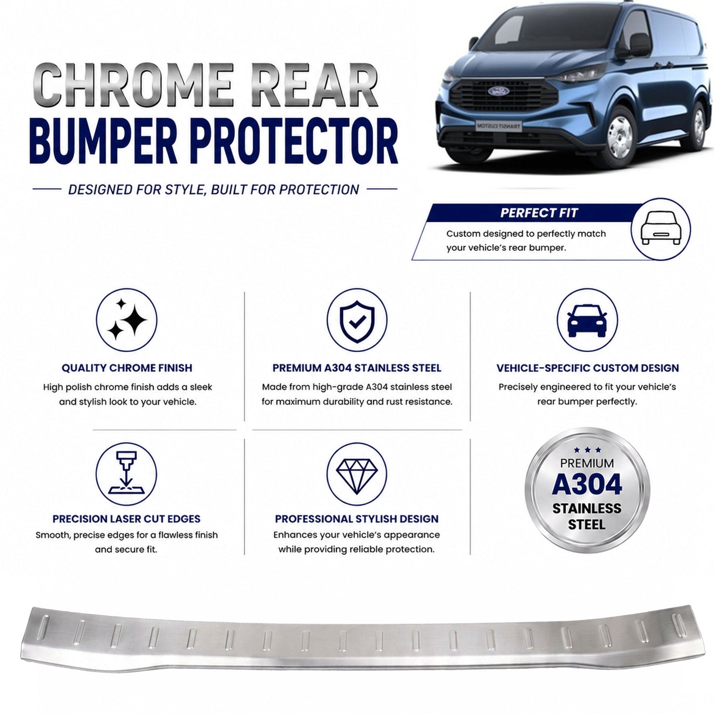 Chrome Rear Bumper Protector for Ford Transit Custom 2024 Onwards, Sill Guard - image 2
