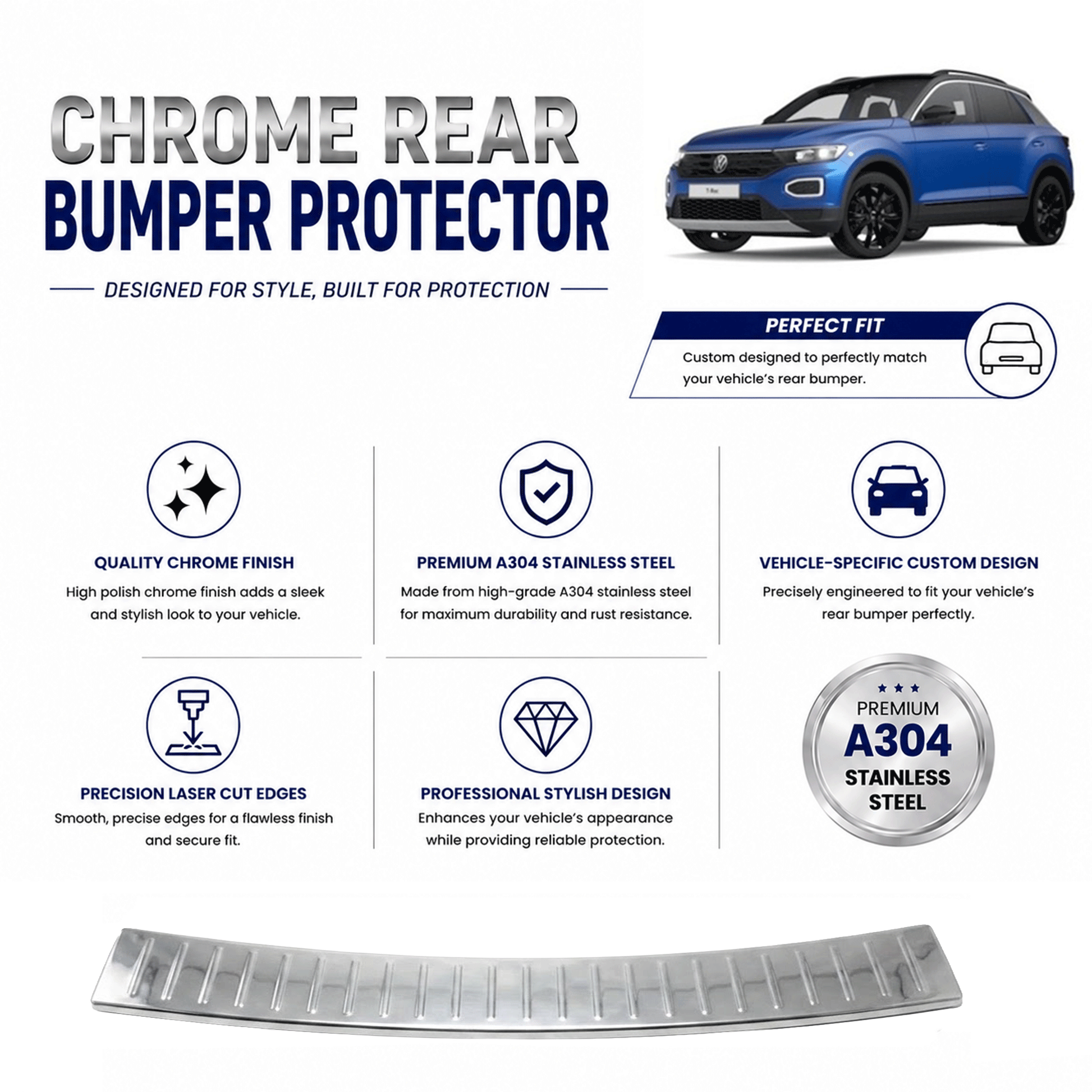 Chrome Rear Bumper Protector for Vw T-Roc 2017 Onwards, Sill Guard - image 2