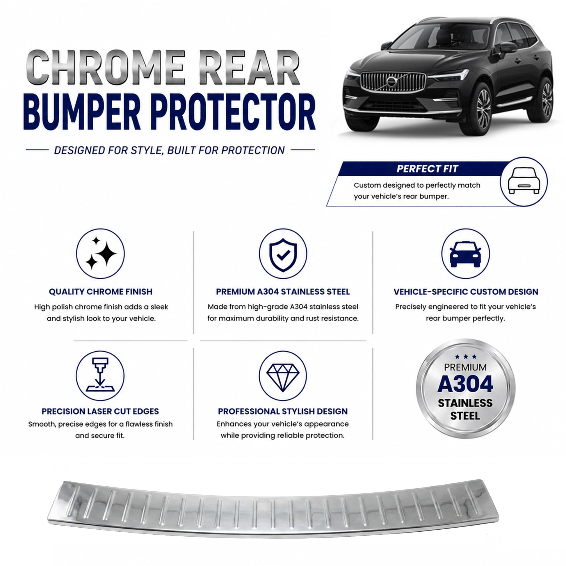 Chrome Rear Bumper Protector for Volvo Xc60 II 2017 Onwards, Sill Guard - image 2