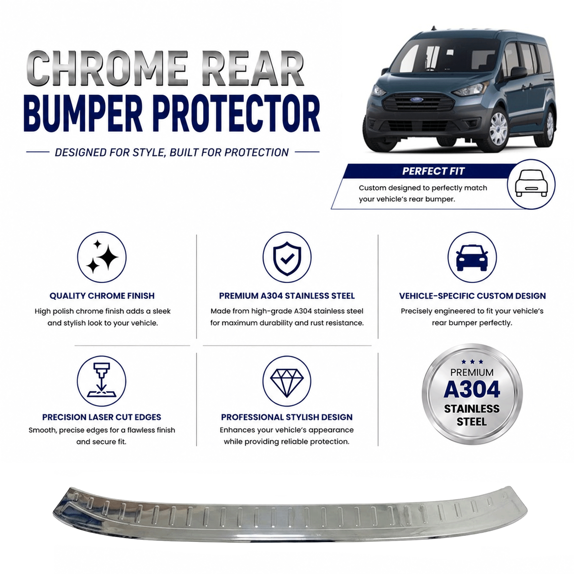 Chrome Rear Bumper Protector for Ford Transit Connect 2014-2021, Sill Guard - image 2