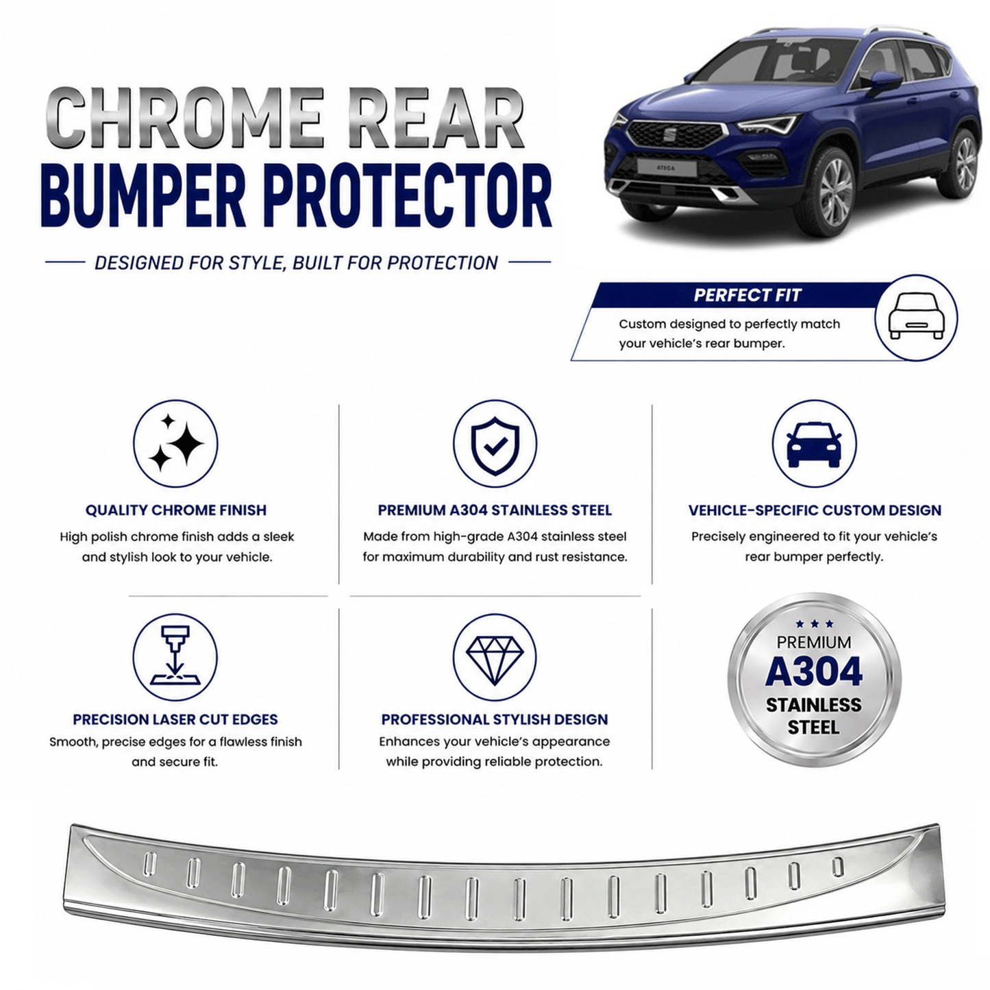 Chrome Rear Bumper Protector for Seat Ateca 2016 Onwards, Sill Guard - image 2